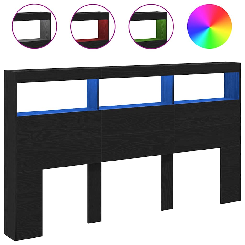 Headboard Cabinet with LED Black Oak 180x17x102 cm